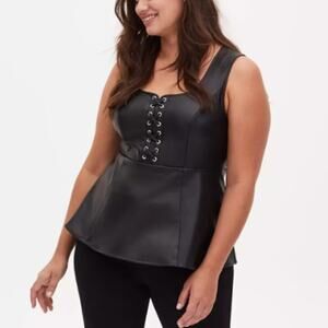 TORRID Black Faux Leather Lace-Up Peplum Top Plus size 0